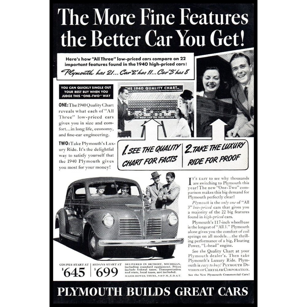 1940 Plymouth Antique Car Vintage Print Ad Wall Art Photo